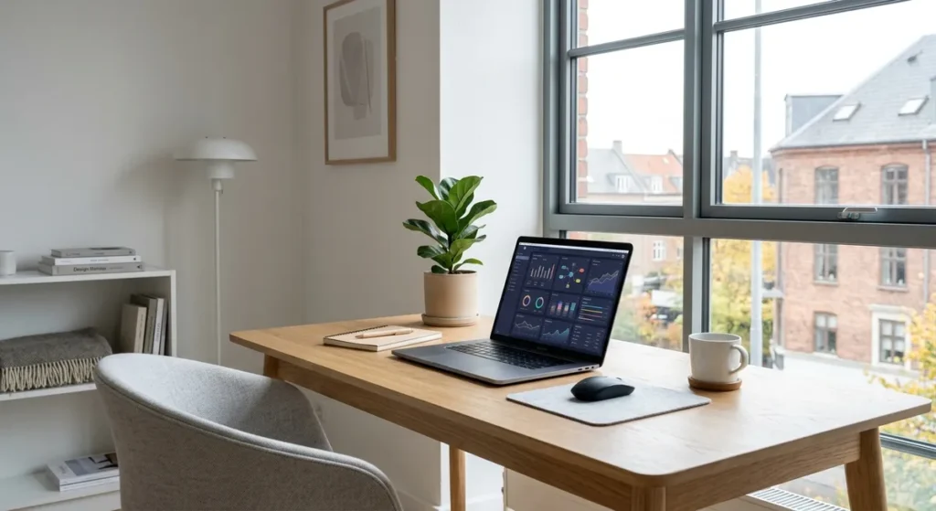 Moderne skandinavisk arbejdsplads med laptop der viser digital webhosting administration