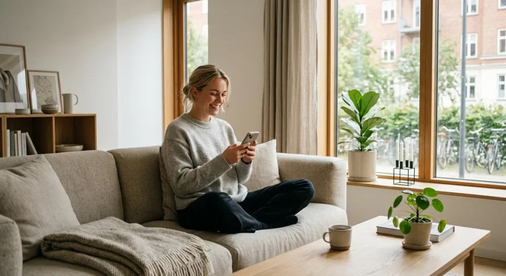 Ung dansk kvinde kigger på sin mobiltelefon i en lys stue, hvilket illustrerer danskernes dataforbrug